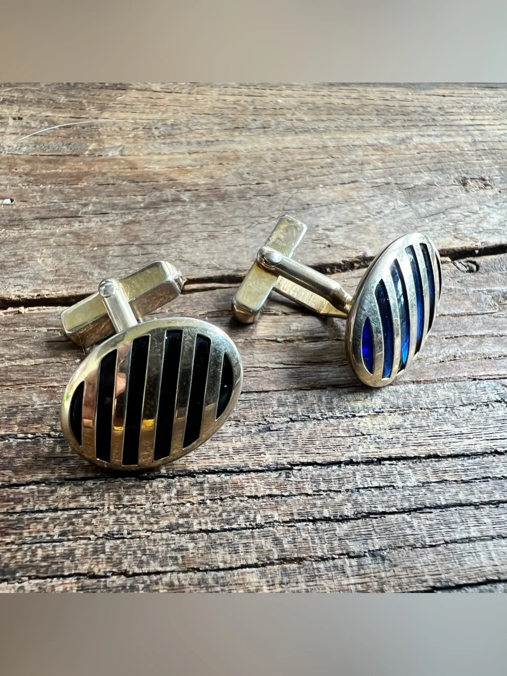 Classic Oval Silver Cufflinks with Black and Blue Inlay